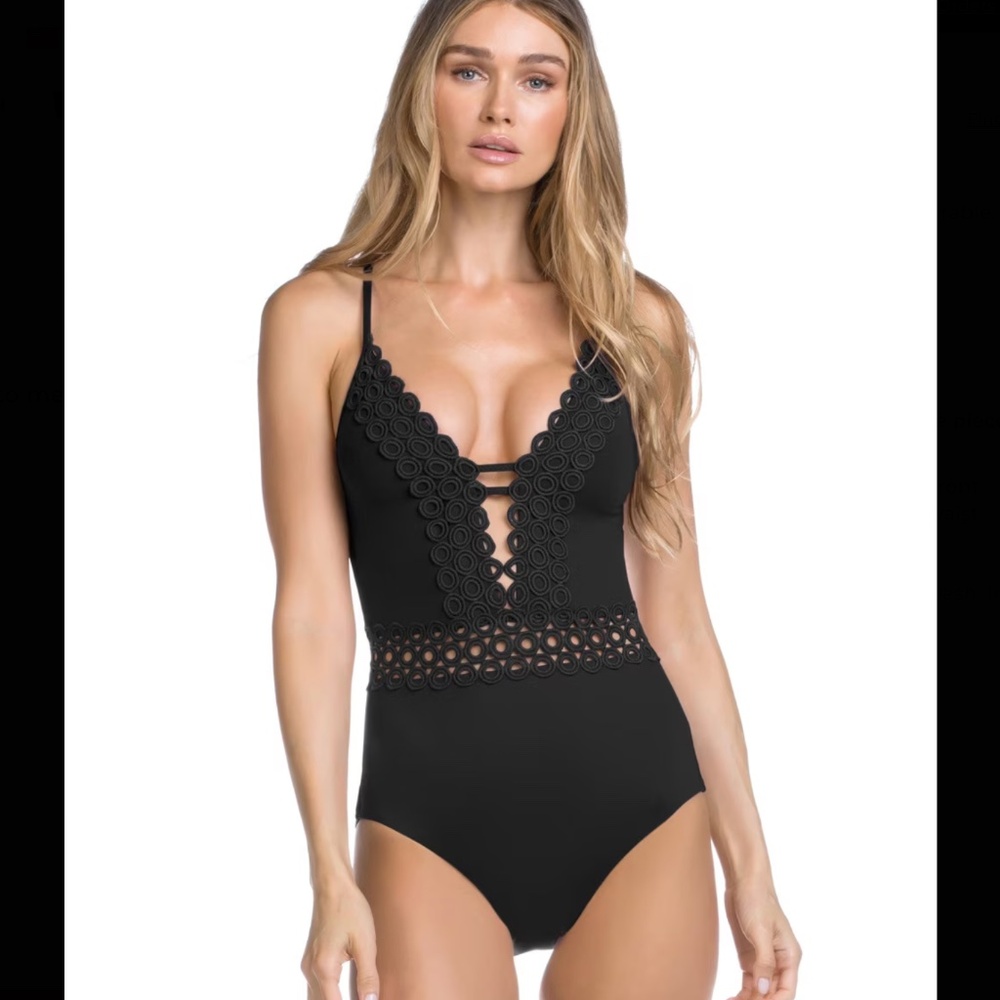 Becca Siren Plunge Neck One-Piece Swimsuit Crochet Open Back Black Color Play M